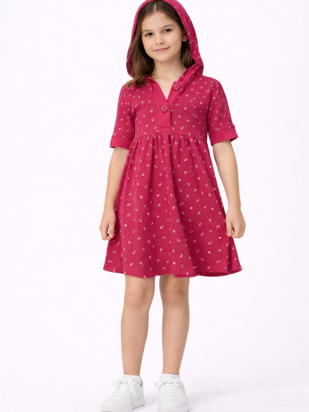 Arizona Girls Hooded Thermal Dress Pink Floral Button Front Size M